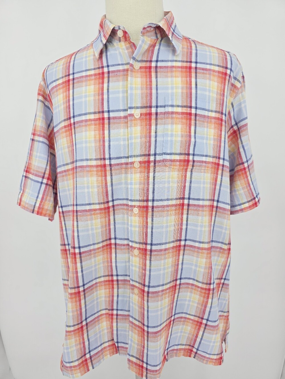Alan Flusser Linen Cotton Plaid Button Front Shirt Men's XL Short Sleeve